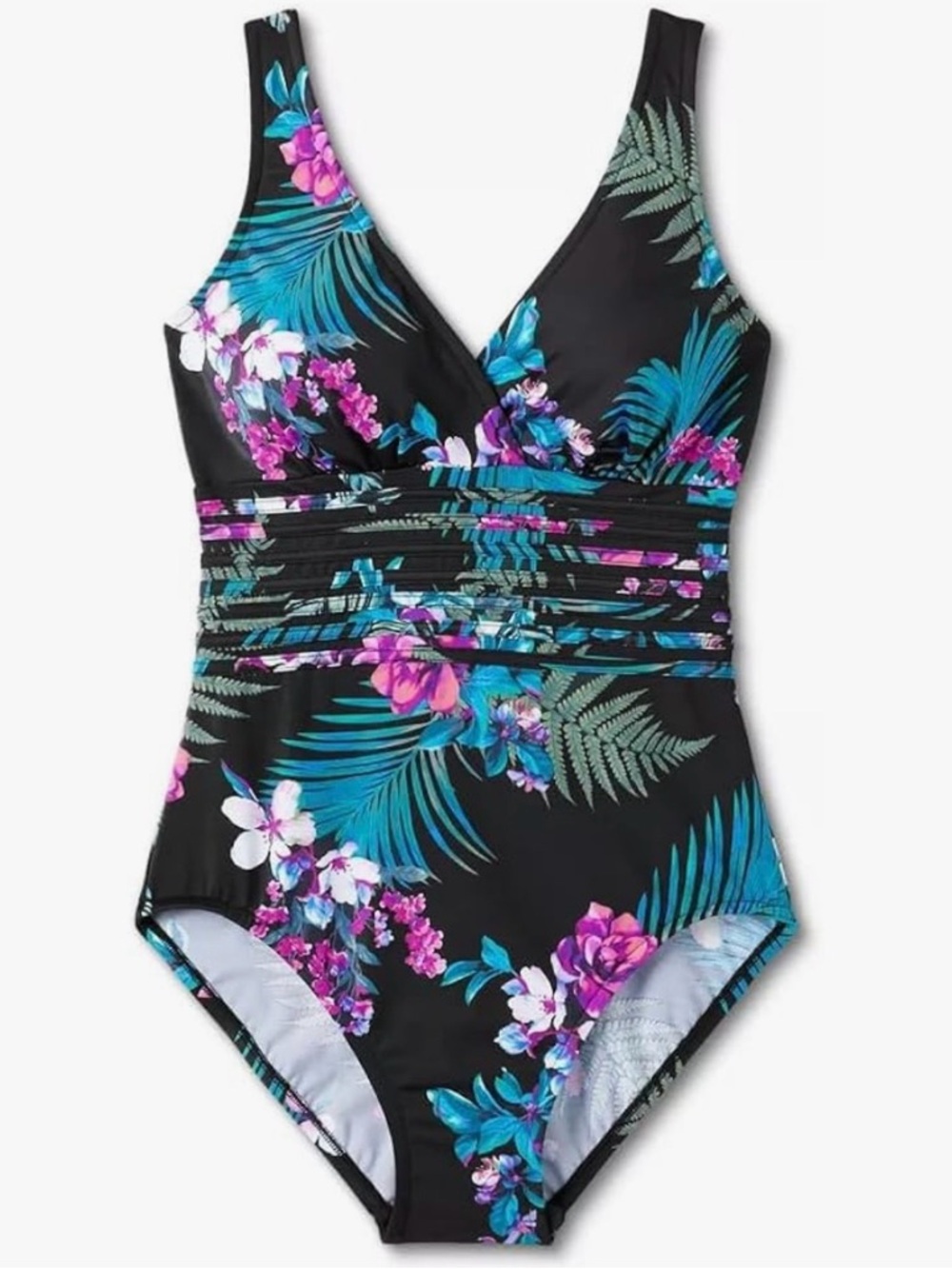 Aqua Green One-Piece Tropical Print Swimsuit with Waist Detail. Large. NWT